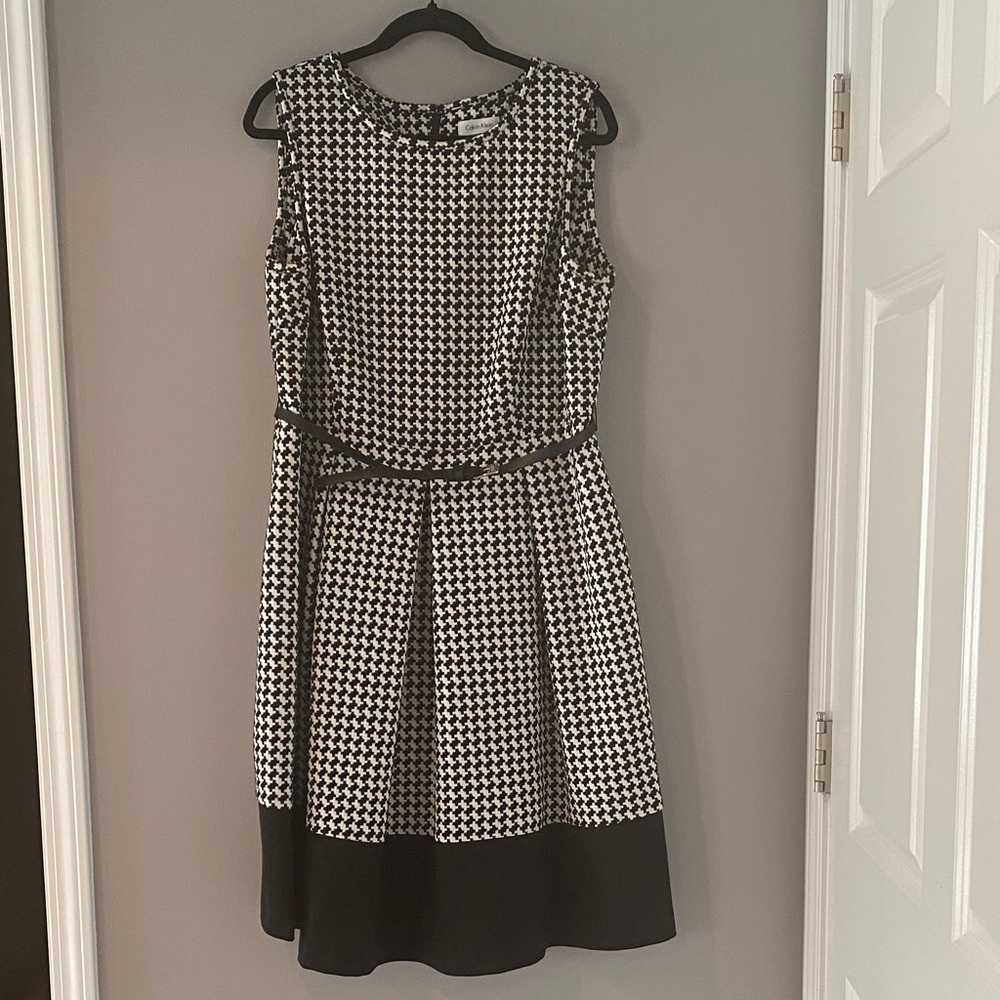 Calvin Klein Black and White Houndstooth Fit & Flare Dress
